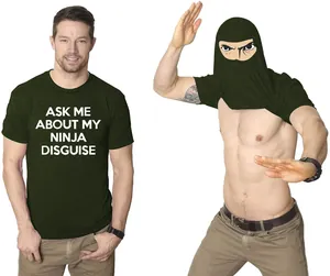 Funny men's graphic t-shirt with ninja disguise flip-up design in dark green color