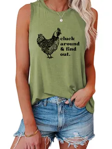 Close-up detail of olive green tank top featuring a chicken graphic and funny slogan print