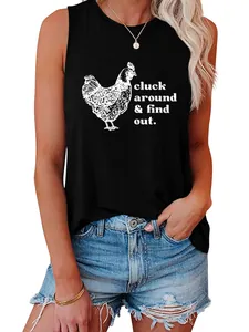 Detailed view of black tank top with chicken graphic and cluck around & find out text
