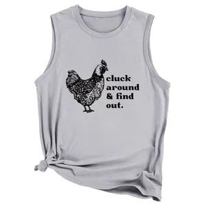Casual grey sleeveless T-shirt featuring a funny chicken graphic and Cluck Around slogan.