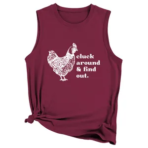 Detail of a maroon sleeveless tank top featuring cluck around find out chicken graphic