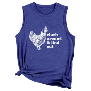 Detail of blue tank top featuring 'Cluck around & find out' chicken graphic and side knot.