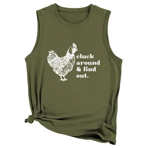 Detailed view of an olive green sleeveless tank top with cluck around find out slogan
