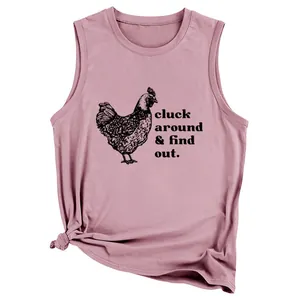 Detail view of pink sleeveless t-shirt with cluck around and find out chicken print