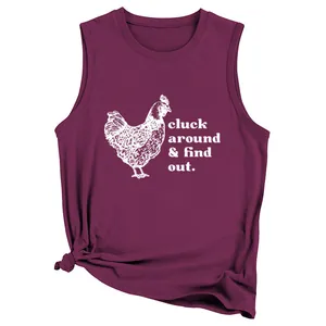 Burgundy sleeveless cotton vest with funny chicken and cluck around and find out print