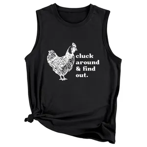 Detail view of black sleeveless tank top with cluck around and find out chicken print