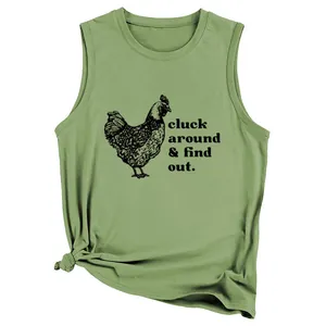 Detail view of sage green sleeveless tank top with cluck around slogan print