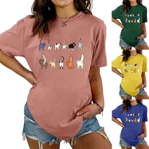 T-shirt da donna con simpatica stampa di gatti, girocollo, maniche corte, quattro colori