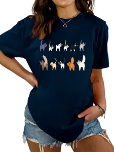 Maglietta blu navy da donna con stampa di undici gatti divertenti, girocollo a maniche corte