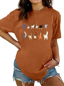 Divertente t-shirt girocollo arancione da donna con undici simpatiche stampe di gatti