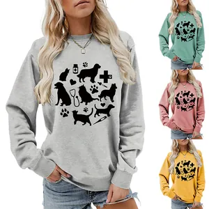 Casual women's long sleeve sweatshirt featuring cute cat dog paw prints in four colors