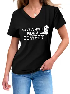 Detailweergave van zwart T-shirt met V-hals en tekstprint Save a Horse Ride a Cowboy