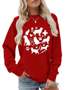 Comfortable red women's crewneck sweatshirt with cute white pet and veterinary print