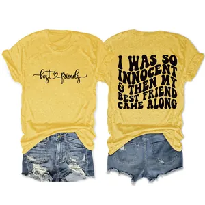 Casual κίτρινο γυναικείο T-shirt με στρογγυλή λαιμόκοψη και γραφικό τύπωμα μπροστά και πίσω
