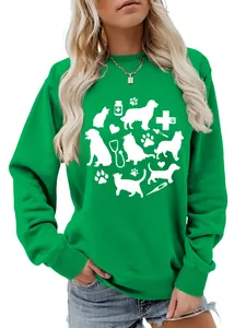 Detail view of cute cat dog stethoscope print on green women's long sleeve sweatshirt