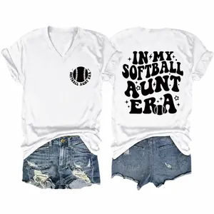 Damen Softball Aunt Era Casual V-Ausschnitt T-Shirt Kurzarm Baumwollmischung Bedrucktes Grafik Top Fashion Retro Shirt