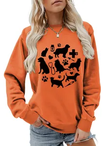 Women's orange sweatshirt with cute cat dog and medical stethoscope graphic print.