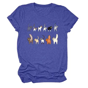 T-shirt blu da donna con girocollo e simpatica stampa grafica di undici gatti sul davanti