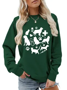 Women's dark green sweatshirt featuring cute veterinary cat and dog graphic print