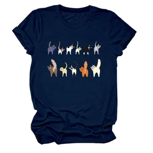 Dettaglio stampa gatto divertente su t-shirt blu scuro a maniche corte da donna