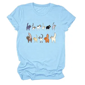 Stampa grafica con undici gatti divertenti su t-shirt da donna azzurra a girocollo