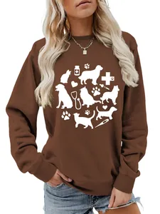 Women's brown crewneck sweatshirt with cute white cat dog paw print and medical stethoscope icons
