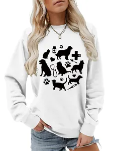 Detailed view of a white women's sweatshirt featuring cute pet and medical graphics