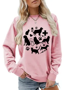 Detail view of pink women's sweatshirt with cute pet silhouettes like dogs and cats.