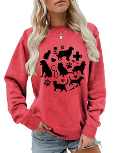 Close-up of cute pet and medical theme graphics on red women's sweatshirt detail