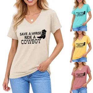 Dames Casual V-Hals T-Shirt Korte Mouw Save A Horse Ride A Cowboy Bedrukte Western Graphic Tee Katoenmix Top