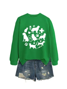 Detail of cute cat and dog graphic print on green crewneck sweatshirt
