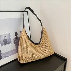 Women Woven Straw Shoulder Bag Large Capacity Summer Beach Tote Bag With PU Leather Strap Casual Fashion Hobo Underarm Handbag