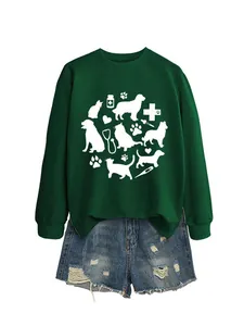 Dark green crewneck sweatshirt featuring white cute cat and dog graphics with medical symbols