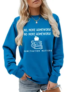 Detail view of women's blue sweatshirt with white No More Homework print