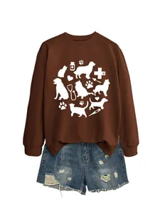 Detailed front view of brown women's sweatshirt with cute white cat and dog theme graphic print