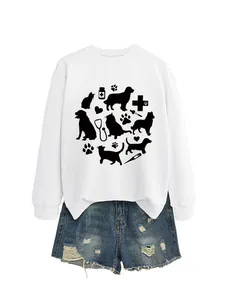 Close-up of a white sweatshirt with a black cat and dog veterinary theme print