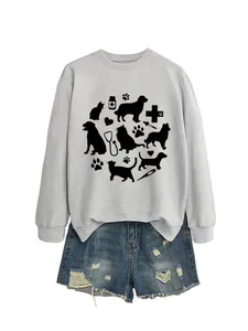 Detailed view of grey women's sweatshirt featuring black cat and dog medical themed print