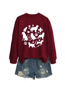 Close-up of a burgundy sweatshirt featuring a white pet medical theme graphic print