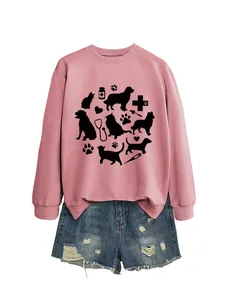Women's pink sweatshirt featuring cute cat, dog, and stethoscope graphic prints.