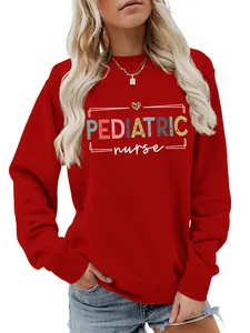 Detailed view of women's red crewneck sweatshirt with Pediatric Nurse graphic print