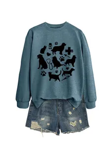 Close-up detail of the cute pet and medical theme graphic on this blue ladies sweatshirt