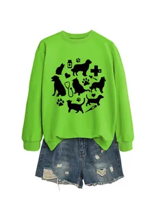 Detail view of a green pet lover sweatshirt with cute cat and dog silhouettes and medical icons.