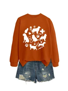 Detail view of orange long-sleeve sweatshirt with white pet and veterinary medical print.