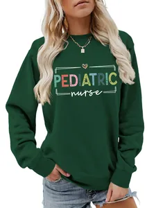 Close-up detail of dark green crewneck sweatshirt featuring Pediatric Nurse print design