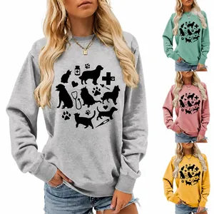 Women's Casual Long Sleeve Round Neck Sweatshirt Cotton Pullover Cute Cat Dog Paw Print Stethoscope Printed Hoodie Top