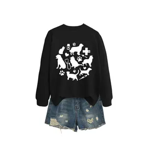 Cute cat dog stethoscope print black long sleeve sweatshirt set with denim shorts