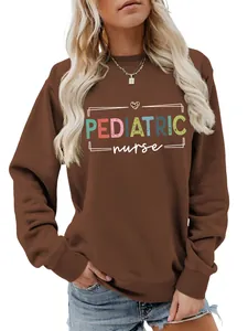 Detail view of a brown crewneck sweatshirt featuring a pediatric nurse graphic print