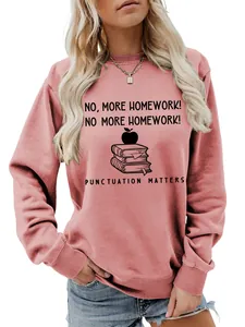Detail showing the 'No More Homework' graphic on a pink women's crew neck sweatshirt