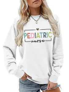 Close-up detail of a white crewneck sweatshirt featuring a Pediatric Nurse print