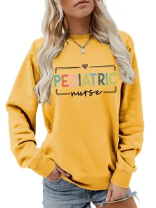 Detail view of yellow sweatshirt with colorful Pediatric Nurse text print